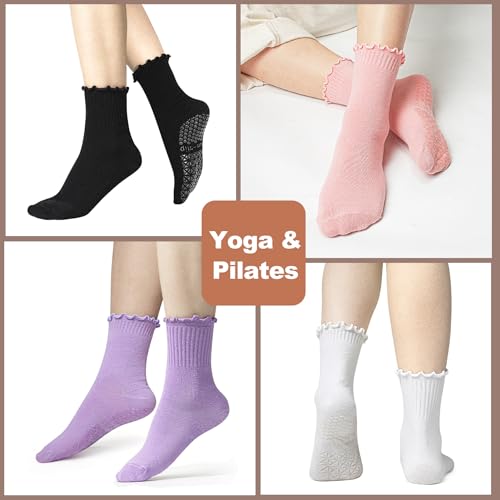 Non-Slip Yoga Socks with Grips - Ruffle Cuff, 2 Pairs, Purple+Pink