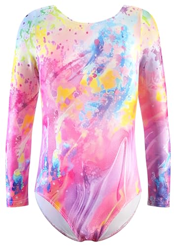 Girls Long Sleeve Gymnastics Leotard - Sparkle Rainbow Mermaid Ribbons - Pink Tie Dye / 4-5T
