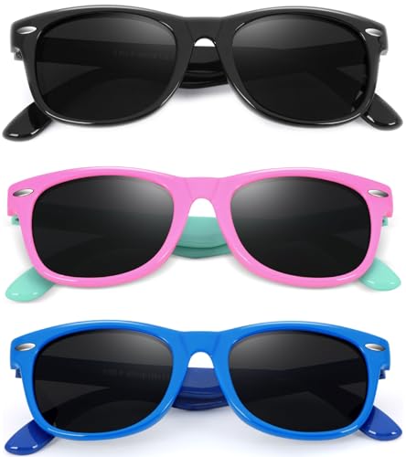 BEALER Kids Polarized Sunglasses for Girls & Boys – UV Protection, Flexible Rubber Frames, 3-9 yrs, M3 Glossy Black+Pink/Cyan+Blue/Dark Blue (45mm)