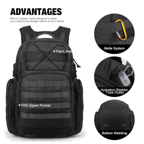 Mardingtop 40L Tactical Backpack Black – Large 3-Compartment Molle Rucksack for Hiking Gear