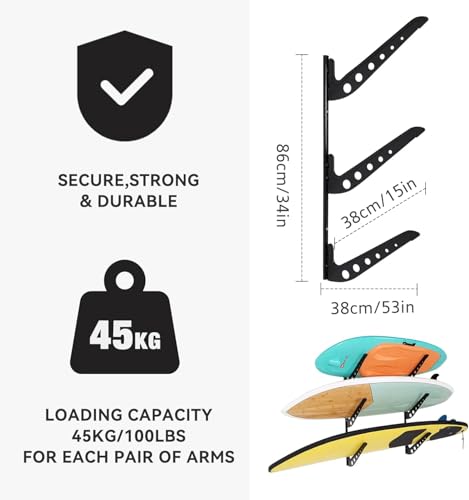 Black 3-Layer Wall Mount Surfboard Rack for Boards Storage, Indoor & Outdoor