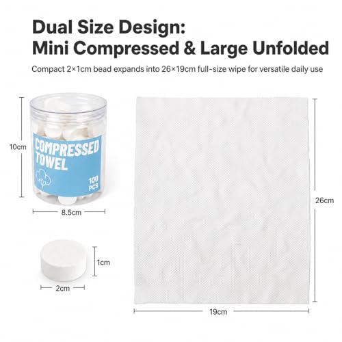 Compressed Face Towels - 100 Count Disposable Cotton Tissues