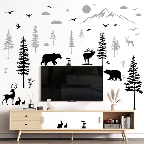 5 Sheets of 12x36inch Large Black and Grey Pine Tree Wall Sticker Peel and Stick Mountain Forest Tree Wall Decal Woodland Deer Bear Birds Wall Decor for Nursery Bedroom Living Room Decoration