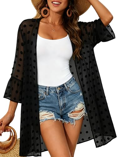Women’s Summer Kimono Cardigan Beach Cover Up with Puff Sleeves