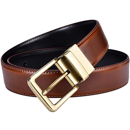 Reversible Leather Belt with Antique Gold Buckle - Black/Lt Brown 32-34