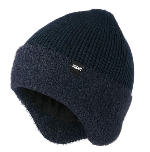 Wmcaps Navy Blue Winter Fleece-Lined Beanie with Earflaps for Men & Women Outdoor