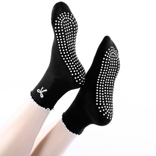 Non-Slip Grip Socks for Women - Pilates & Yoga - Bow / Black