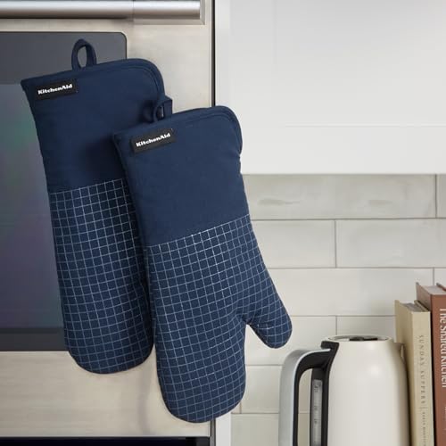 KITCHENAID Gourmet Series Gridlines Oven Mitts 2-Pack Set, Heat Resistant up to 600¡ÆF, Soft Silicone Grip, Magnetic Cuff, Ink Blue, 7"x14"