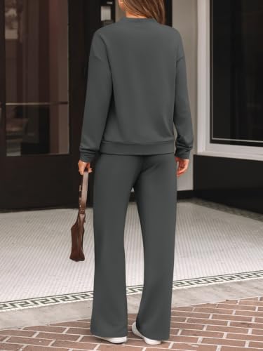 LILLUSORY Lounge Sets with Mock Neck Top & Wide Leg Drawstring Pants - Medium Dark Grey