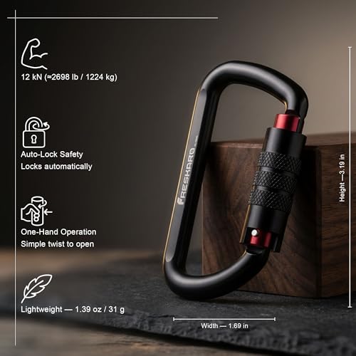 Heavy Duty Auto Locking Carabiner Clips - 3 Inch, 12kN, Black - 3pcs
