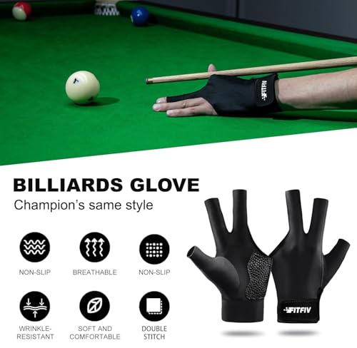 Billiard Pool Glove for Left Hand - 3-Finger, Black, Large