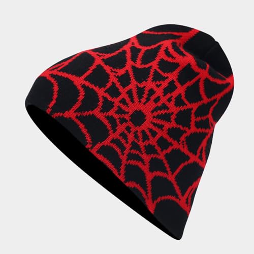 Y2K Spider Beanie Hat - Wool Acrylic Knit Skull Cap - One Size Spider-Black Red