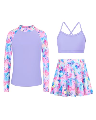 Girls Purple Rash Guard Swimsuit 3-Piece Tankini Set with Skirt, Ages 13-14