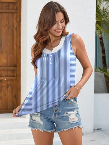 Trendy Striped Pleated Tank Top with Curved Hem - Stripe Blue, X-Large