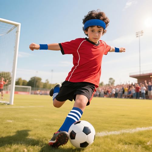 Kids Sports Set - 5 Pieces Sweatbands & Striped Socks - Blue