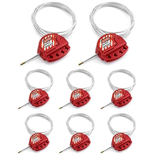 QWORK Lockout Tagout Cable Lock, 8 Pack Adjustable Steel Vinyl Coated Cable Lockout, 3/16" Diameter, 5.9' Length, Red