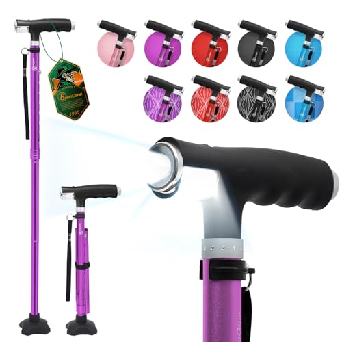 BeneCane Folding Quad Walking Cane with 2 LED Lights, Purple, Adjustable 31.1–37.8 in