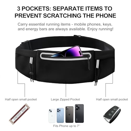 JUCURRI Black Running Belt Fanny Pack with 3 Pockets, Waterproof Phone Holder, Bib Clip & Reflective Strips