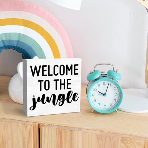 Nursery Table Decor, Baby Children's Kids Bedroom Desk Decoration for Playroom, Welcome to The Jungle Wooden Box Sign, White