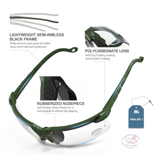 Safety Shooting Glasses with Case - Anti Fog Clear Lens Green Frame