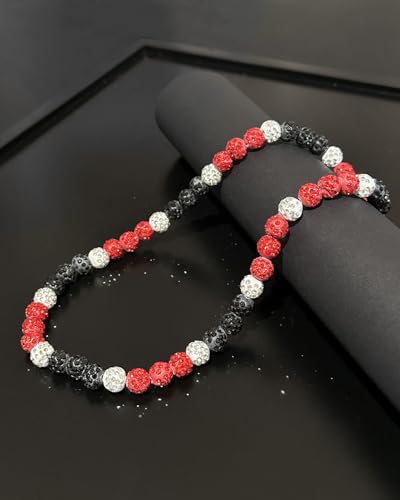 Baseball Bead Necklace for Men - 16 Inch Red/Black/White Rhinestone Ice Necklace