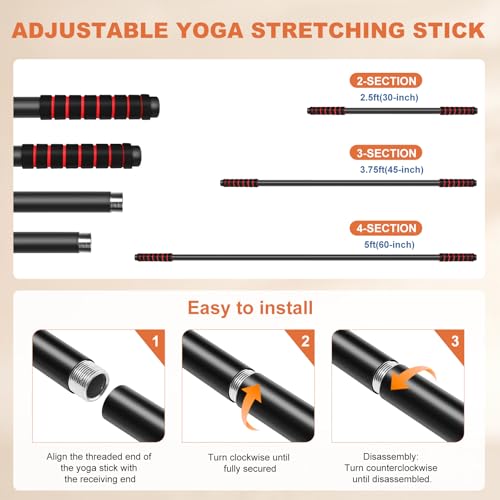5 Ft Adjustable Yoga Stick - Sturdy Steel, Non-Slip Foam Handles - Black