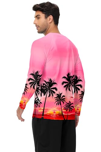 Mens Long Sleeve Swim Shirt - Quick Dry Sun Protection Rash Guard - X-Large Palm Pink
