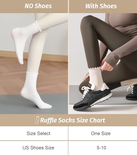 Non-Slip Pilates Socks for Women - 4 Pairs with Ruffles - Black, Brown, Caramel, White