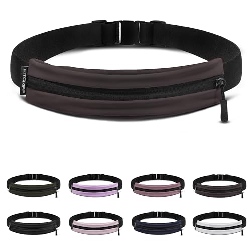 Fitgriff Adjustable Running Belt V2 for Men & Women - Slim Fanny Pack, Phone & Keys Holder, Brown, 24.4-43.3 inch Waist