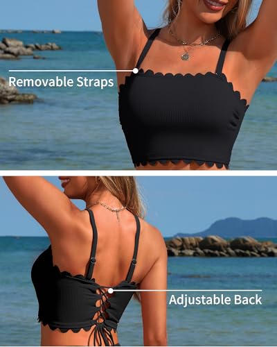 Charmo Women's Strapless High-Waisted Bikini Set with Tummy Control, Black, Large