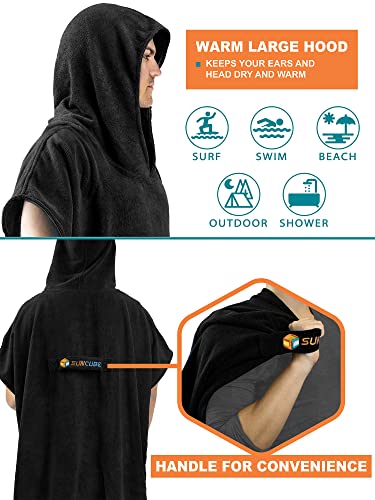 SUN CUBE Black Surf Poncho Changing Robe with Hood – Hooded Towel for Wetsuit Changing