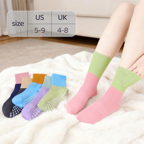 5-Pack Cotton Pilates Socks for Women with Grips - Color Blocking