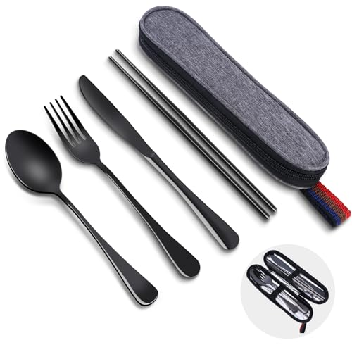 5-Piece Stainless Steel Travel Utensils Set with Carrying Case - Black
