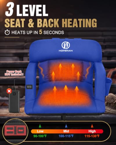 Heated Stadium Seats for Bleachers - 25" Extra Thick, 3 Heat Levels, Reclining, Blue 2PC