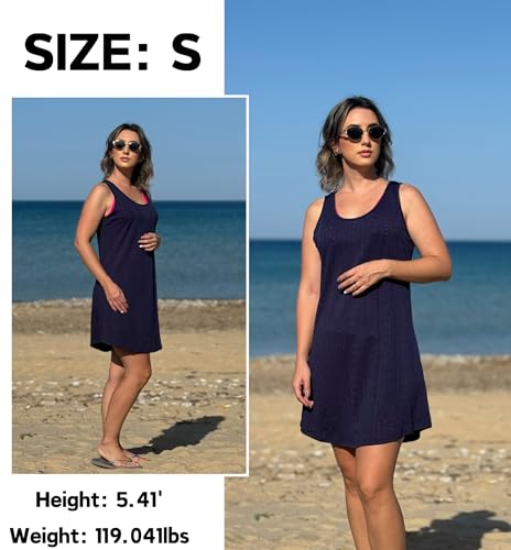 Womens Swimsuit Coverup - Hollow Out Sleeveless Tank Dress - Navy Blue, Small