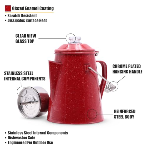 GRIP Deluxe Camping Percolator Coffee Pot, Red – 10 Cup, Glazed Enamel