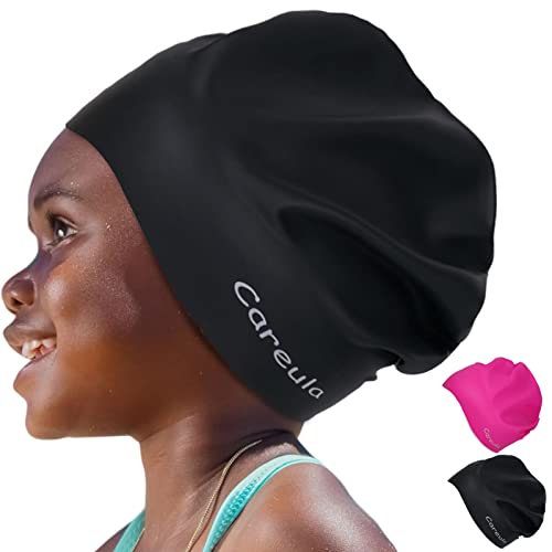 Careula 2 Pack Kids Large Silicone Swim Cap for Long Hair – Black & Rose Red