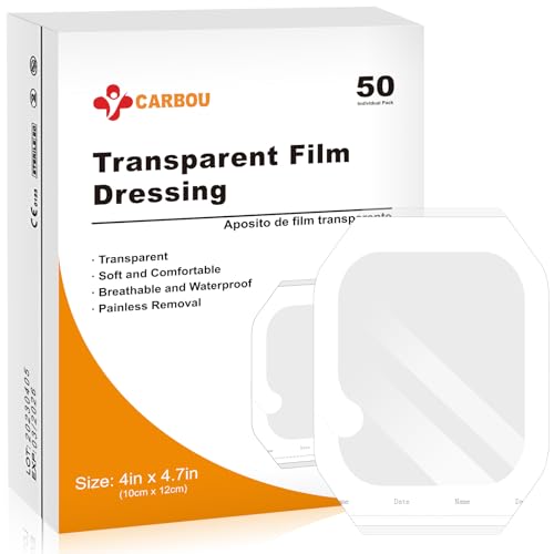 Carbou 4 x 4.7 Inch Transparent Film Dressing Pack of 50 - Waterproof Wound Bandage, Post-Surgical/Tattoo Aftercare