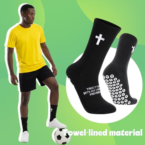 Cross Grip Soccer Socks with Bible Verse - Black, 4 Pairs, Size 6-13