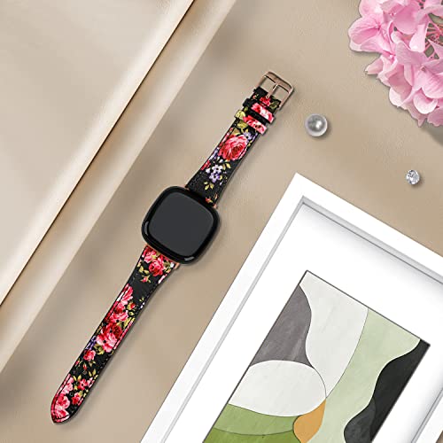 Floral Leather Replacement Bands for Fitbit Sense 2/Versa 4/Versa 3, Stylish Strap for Women & Men