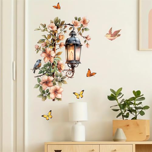 Street Lamp Flower Butterfly Wall Stickers, sacinora Streetlight Floral Art Wall Decals Removable Vinyl Peel and Stick for Living Room Bedroom Playroom Home Decorations