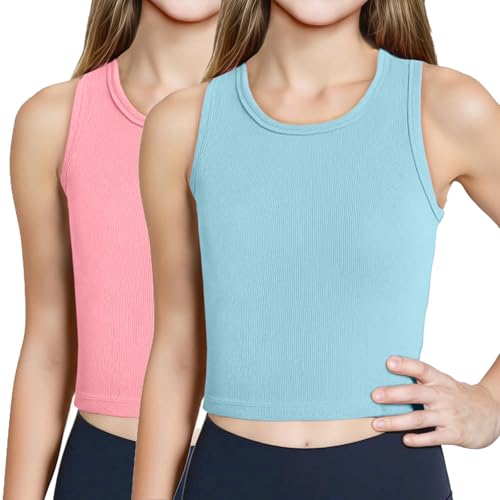 Kids Athletic Ribbed Summer Tank Tops - Pink & Green, 9-10 Years