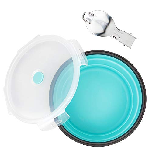 CCyanzi Blue 1200ml Collapsible Camping Bowl with Lid + Foldable Stainless Steel Fork & Spoon