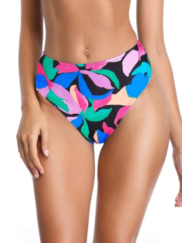 High Waisted Bikini Bottoms for Women - Tummy Control - Colorful Leaves - Small