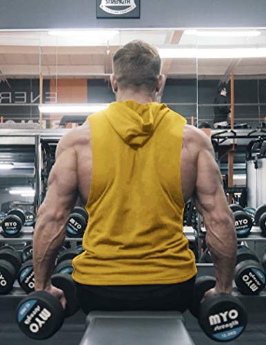 COOFANDY Men's Yellow Workout Hooded Tank Top - Bodybuilding & Gym Sleeveless Shirt, Medium