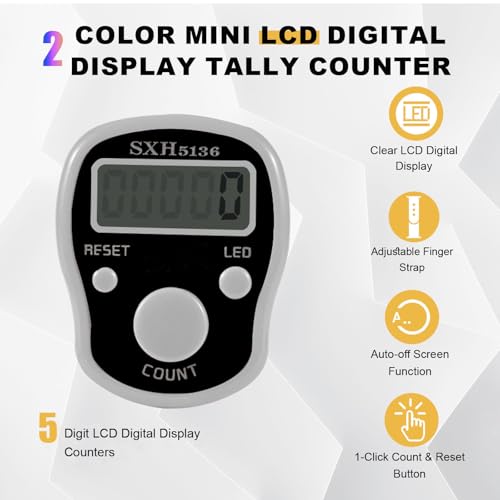 Digital Finger Tally Counter with LED Display - 2 Piece Set Black & White