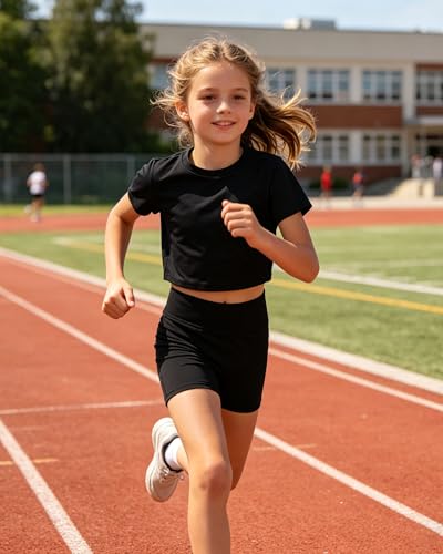 Girls High-Waisted Athletic Biker Shorts for Yoga & Dance - Black, 7-8Y