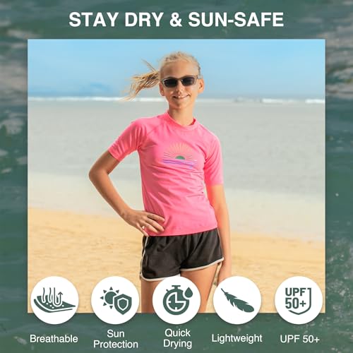 UPF 50+ Rash Guard Swim Shirt for Girls - Cori Neon Pink, Size 14-16