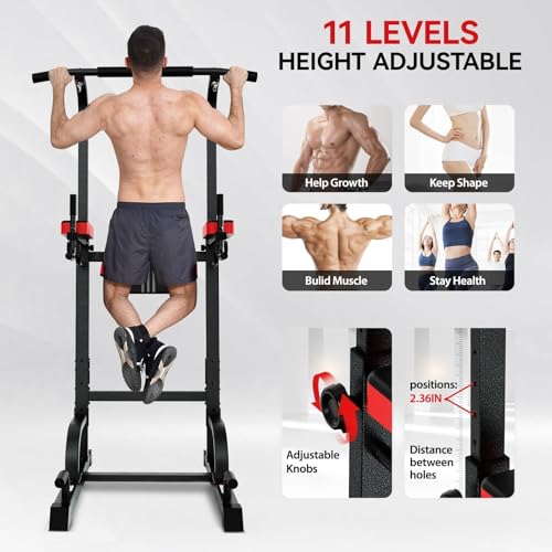 Power Tower Dip Station - Adjustable Height, 450LB Capacity - Black Red-03