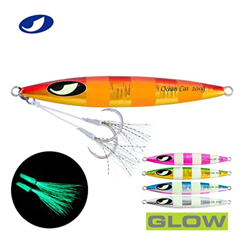 Ocean Cat Slow Fall Metal Jigging Lure 80g Red & Gold Flat Hook Sea Bait